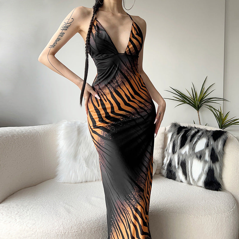 V-neck Backless Print Slim-fit Ring Dress