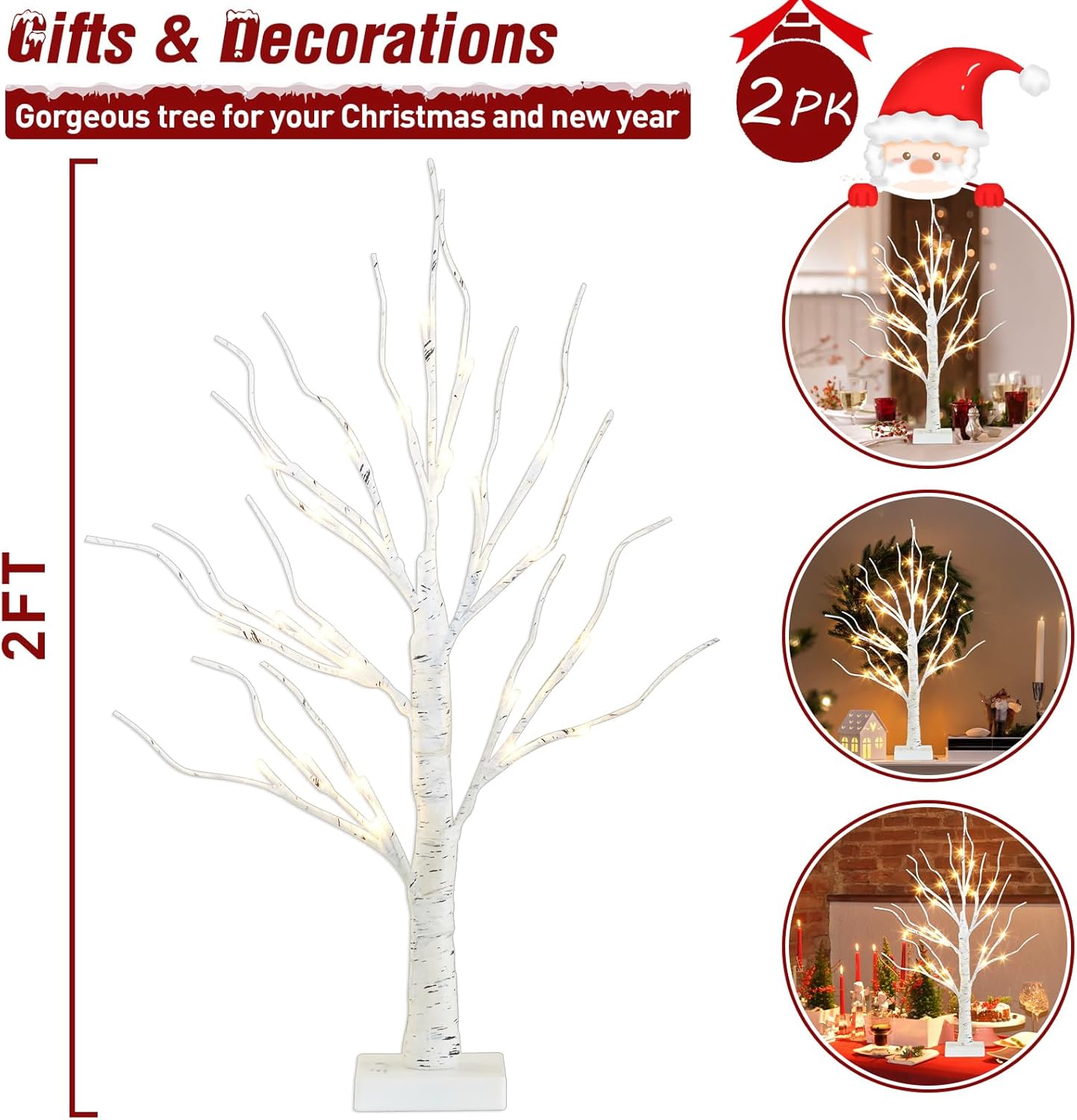 Christmas Decorations Indoor, 2 FT Birch Tree with LED Lights, Fairy Light Spirit Tree for Christmas Decor, Warm White Lighted Birch Tree for Home Decor Indoor, Battery Powered, Timer (2PK)