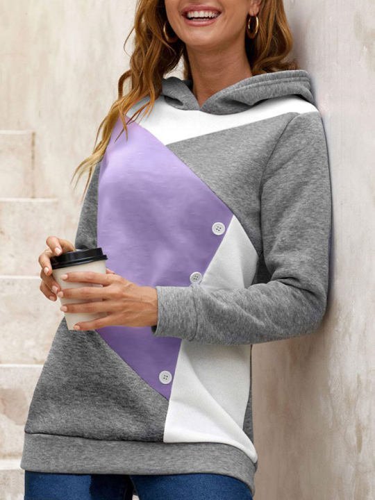 Casual Loose Hooded Color Contrast Women's Sweater Fleece Shirt