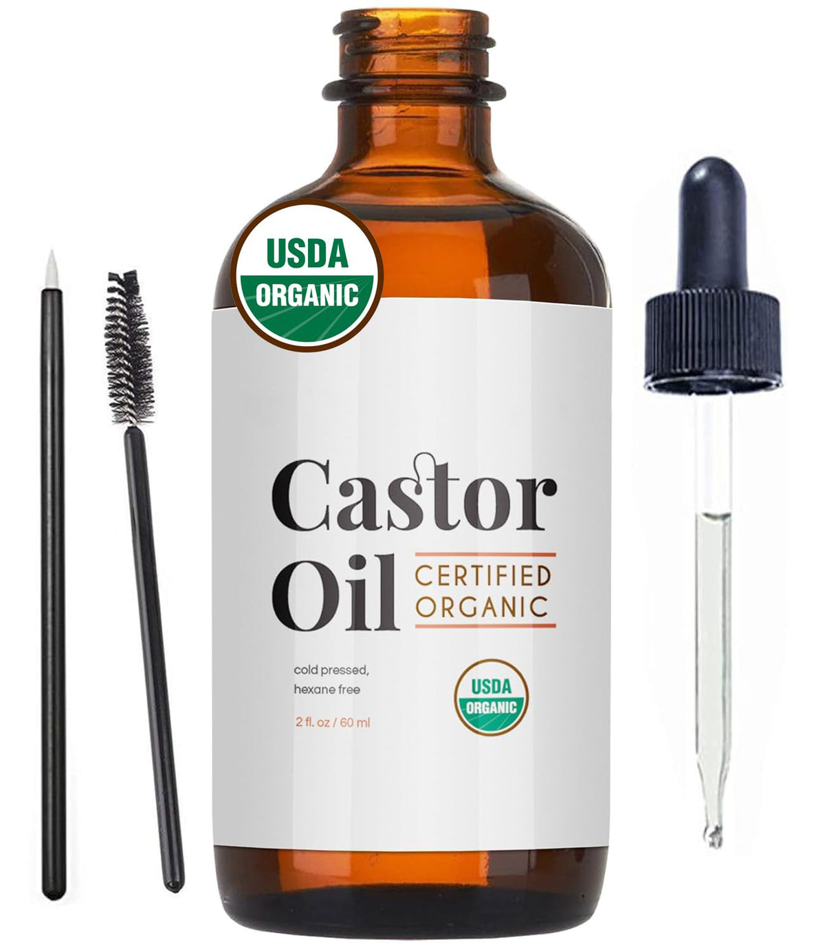 Castor Oil Organic (2oz), 100% Pure, Cold Pressed, Hexane Free. Stimulate Growth for Hair, Eyelashes, Eyebrows. Hair Treatment Starter Kit & Skin Moisturizer