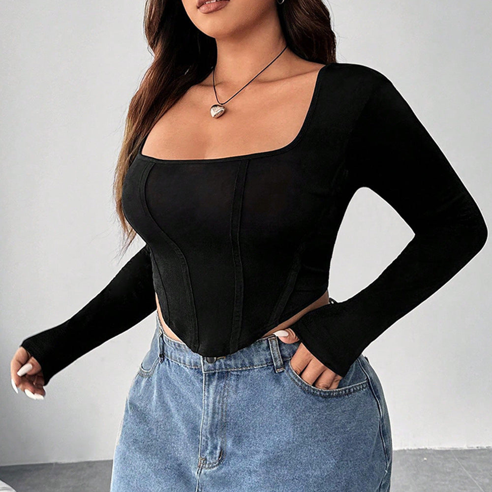 European And American Plus Size Women's Clothes Square Collar Solid Color Bottoming Shirt Fishbone