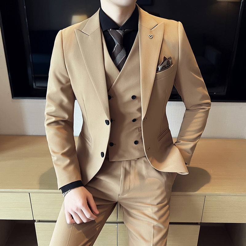 Suit Three-piece Suit Slim Korean Style Double Buckle Solid Color Light Business