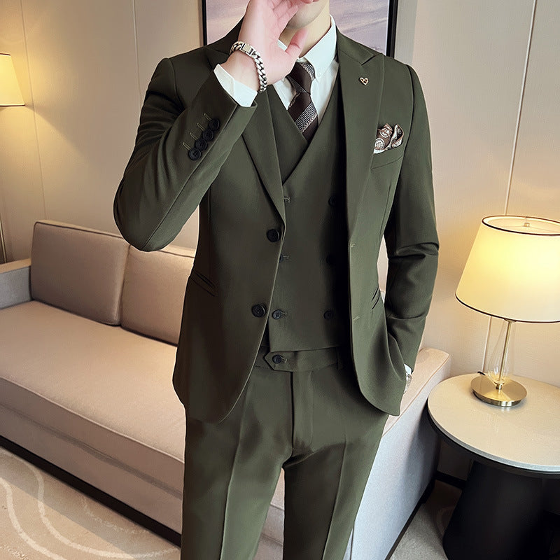 Suit Three-piece Suit Slim Korean Style Double Buckle Solid Color Light Business