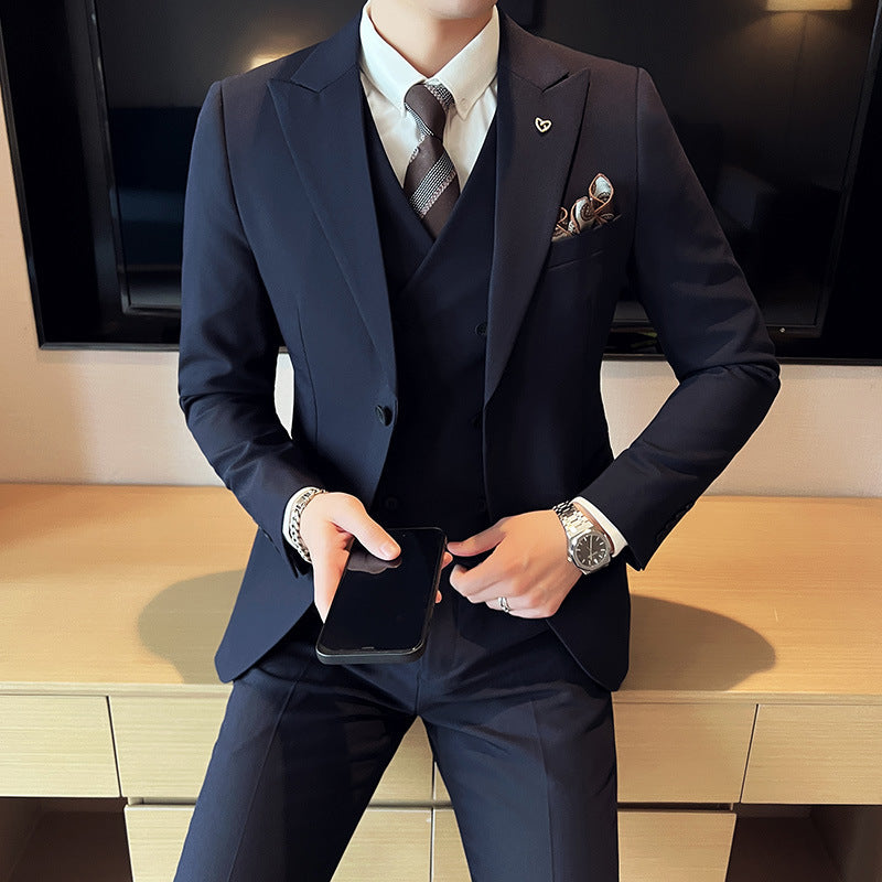 Suit Three-piece Suit Slim Korean Style Double Buckle Solid Color Light Business