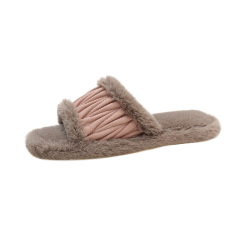 PU Leather Open Slippers For Women Plush Cotton Slippers